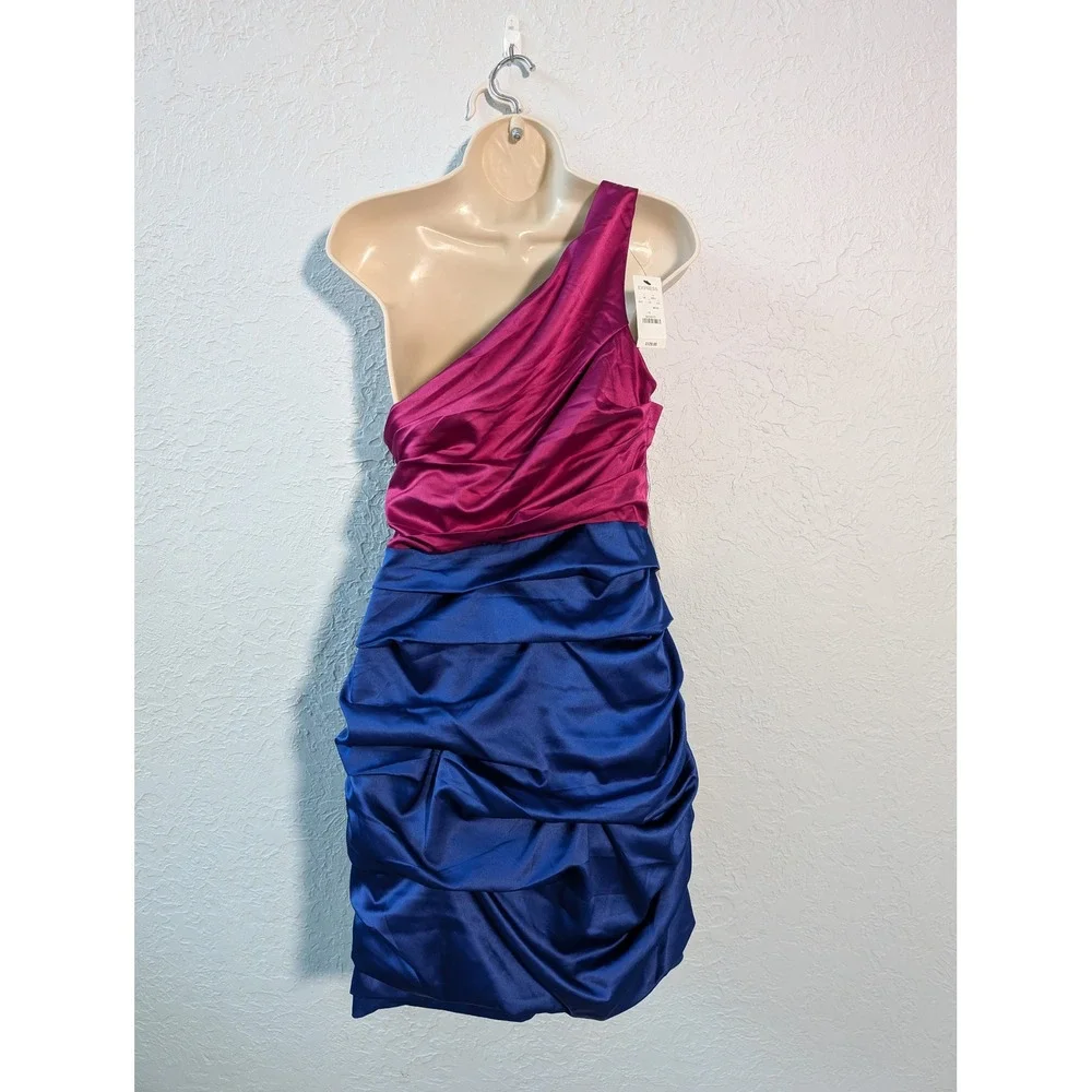 NWT Express One Shoulder Dress Women 10 Magenta Blue Ruched Color Block Mini